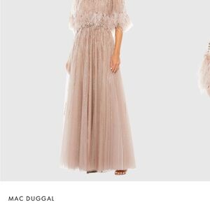 Mac Duggal Taupe Feathered Evening Gown